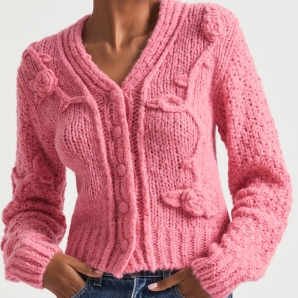 New LoveShackFancy Fabietto Pink Alpaca Blend Cardigan Sweater Medium -NWT